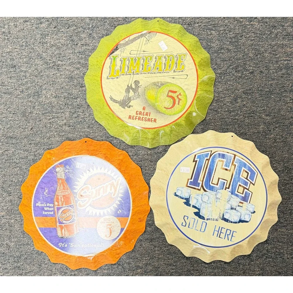 Set of 3 Retro Metal Bottle Cap Signs Sunny Soda Limeade Ice Wall Decor Tin 12in